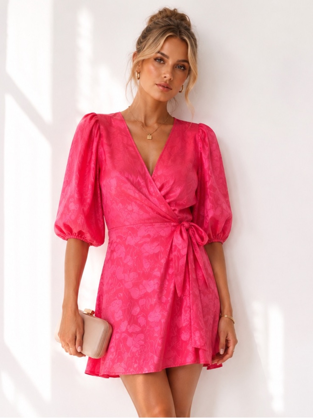 $500 Ronny Kobo Collection Bubblegum Pink Puff-Sleeve Wrap Mini Dress Medium New